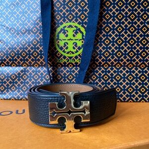 Tory Burch Black Leather Belt with Gold Double-T Buckle